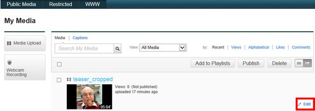 Screenshot of My Media section of Kaltura MediaSpace with one video and the Edit option selected