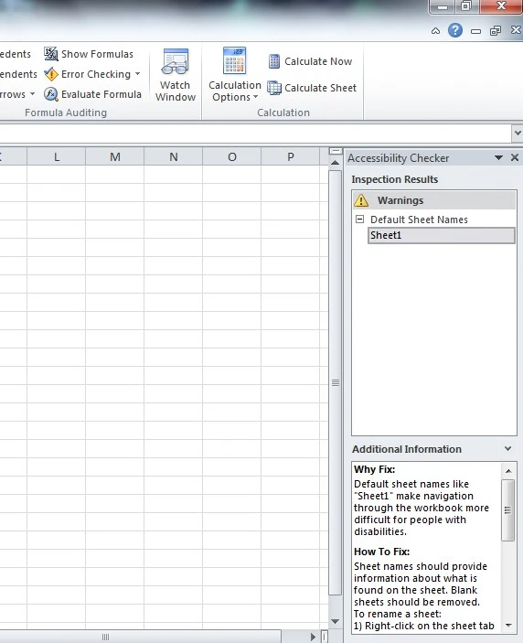 The Accessibility Checker is on the right-side of Excel. In this case, the warning that the checker picked up was that default sheet names were used. The checker provides information about why this is bad for accessibile document creation and recommends some options on how to fix this issue.