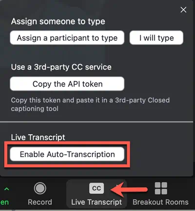 Portion of Zoom toolbar with Live Transcript button and Enable Live Transcript menu item highlighted
