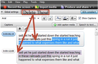 Screenshot of Camtasia's Caption Creator with Delete These select, arrows pointing toward highlighted text