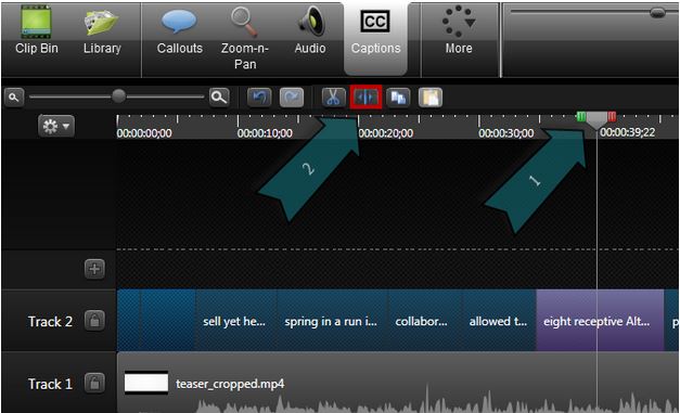Screenshot of Camtasia's timeline with the split selected