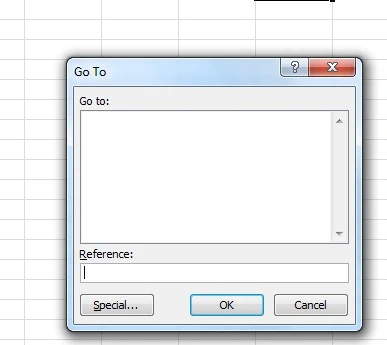 The dialog box that opens up upon hitting CTRL + G. This box will list off the range names and allow users to quickly jump to them. In this image, there are no rangen names listed.