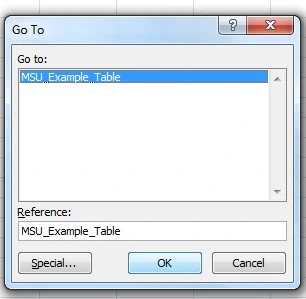The Ctrl + G option displaying the MSU_Example_Table section name that we defined previously. Users can use this feature to quickly navigate through your document.
