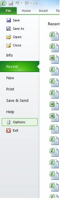 The Options menu under the File tab in the top navigation.
