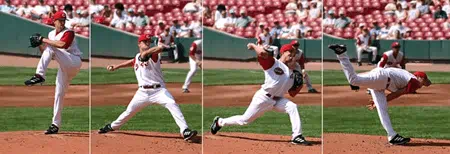 Series of four phots depicting the baseball pitching sequence: the first still shows the windup, the second shows the beginning acceleration, the third is the final moments of acceleration, and the last still shows the follow through.