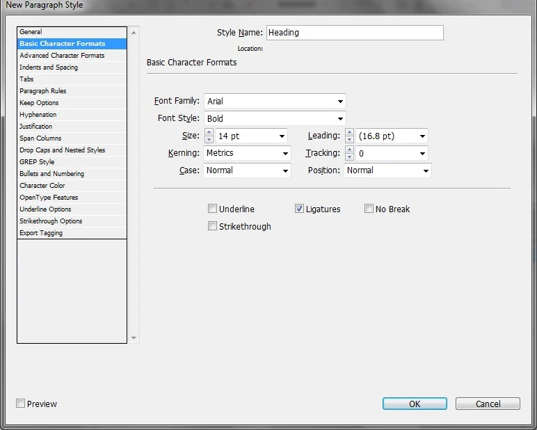 New Paragraph Style dialog box. The Basic Character Formats tab is selected.