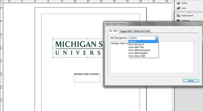 Object Export Options dialog box. The Alt Text tab is selected and the Alt Text Source drop down menu is expanded. Custom, at the top of this menu, is currently highlighted.