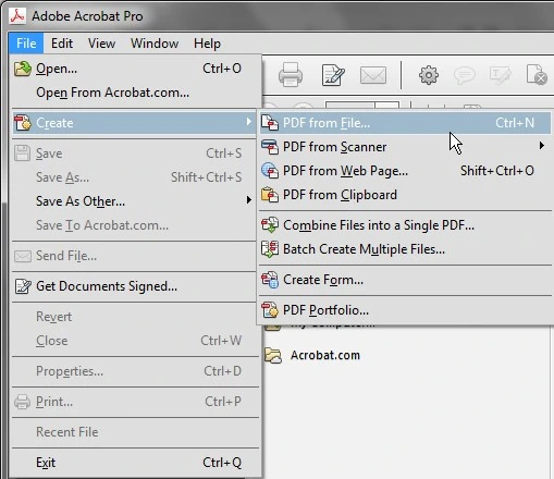 File drop-down menu. Create is highlighted at the top of the drop-down menu and expands into another menu. PDF from File is the first item on this menu