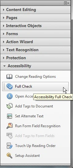 Acrobats tool panel with the Accessibility tab selected. Full Check is highlighted as the second item on this list