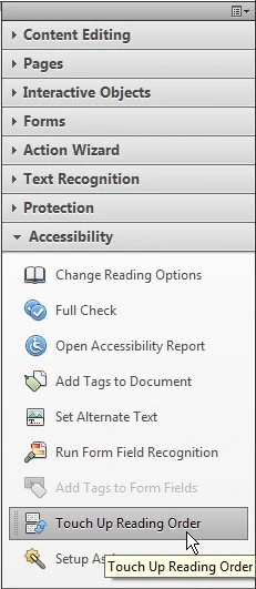 Acrobat tool panel with the Accessibility tab expanded. Touch Up Reading Order is highlighted at the bottom of the panel