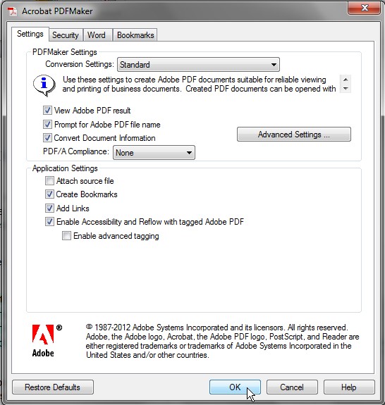 Acrobat PDFMaker dialog box. Create Bookmarks, Add Links, and Enable Accessibility and Reflow with tagged Adobe PDF are located halfway down the dialog box and are all selected