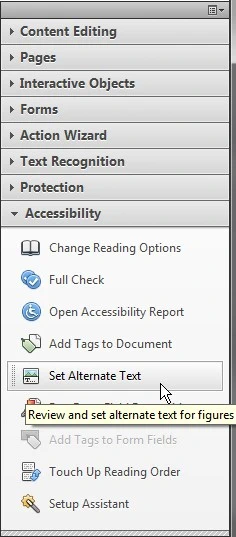 Acrobat tool panel with the Accessibility tab expanded. Set Alternate Text is highlighted