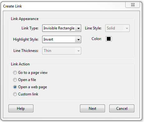 Create link window with Link Type set as Invisible. Highlight Style set as Invert