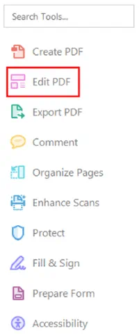 Edit PDF right side tool bar. Edit PDF option highlighted