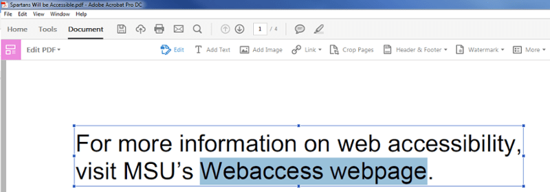 Highlighted text in doc displaying For more information on web accessibility, visit MSU's Webaccess web page