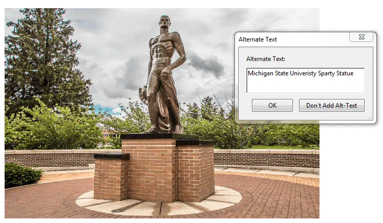 Alternative text window. Alternative text box with example text displaying Michigan State University Sparty Statue