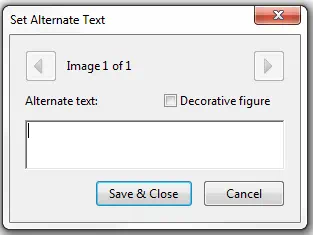 Set Alternate Text window. Save & Close selected