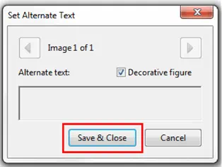 Set Alternate Text window. Save & Close selected