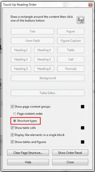 Touch up Reading Order window. Structure types box clicked