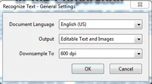 Recognize Text window. General settings. Drop down menu options displaying, doc language, Output, Downsample To