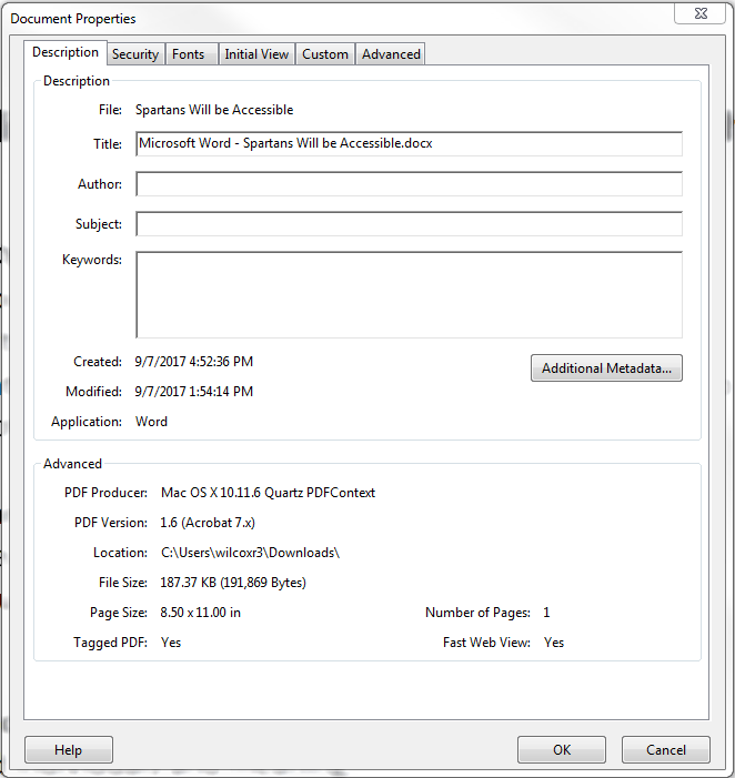 Document properties window. Description tab selected
