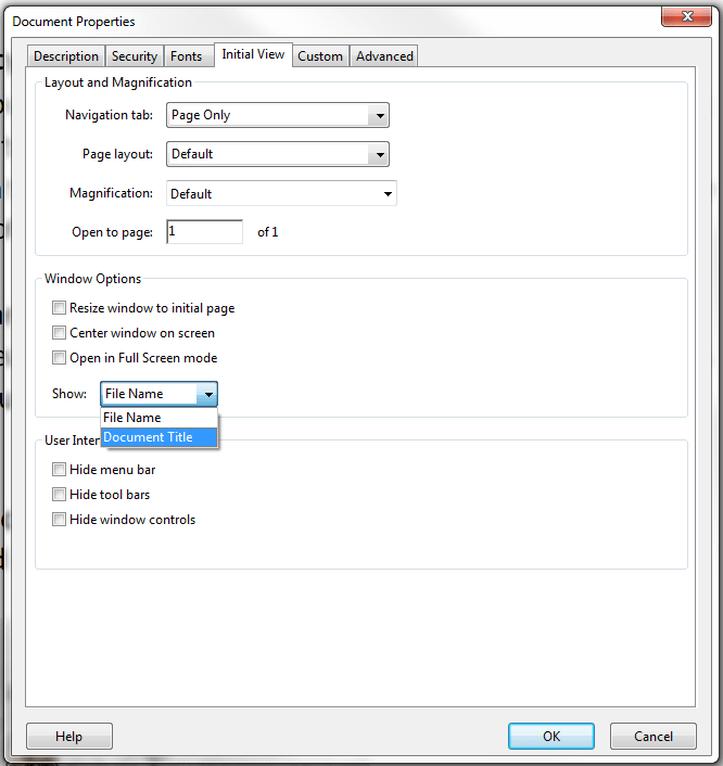 Document properties window. Show drop down with Document title selected menu under Initial view tab