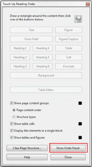 Touch Up Reading Order window. Show Order Panel button selected at bottom of window