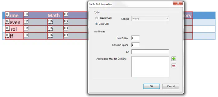Table Cell Properties window. Type section. Data Cell option checked