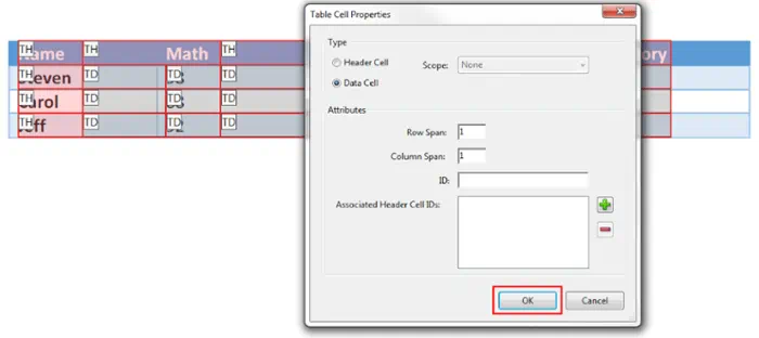 Table Cell Properties window. Ok selected to save changes