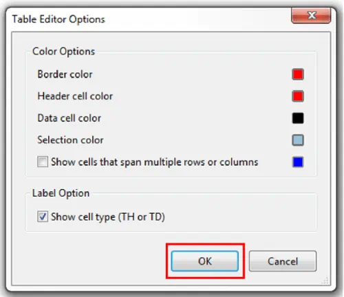 Table Editor Options window. Ok selected to save