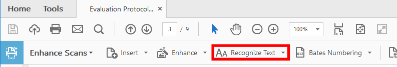 Enhance Scans menu at home toolbar. Recognize Text selected
