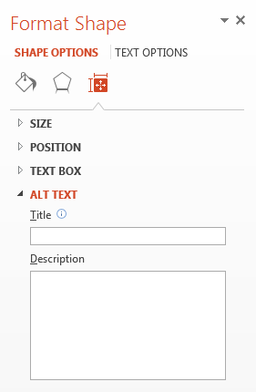 Format Shape side bar. Alt Text option selected with Title and Description box blank