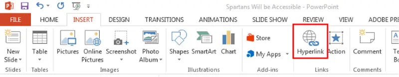 Top home ribbon in Microsoft power point. Insert tab. Hyperlink icon selected from Links section