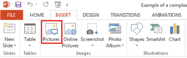 Top home ribbon in Microsoft power point. Insert tab. Picture icon selected from Images section