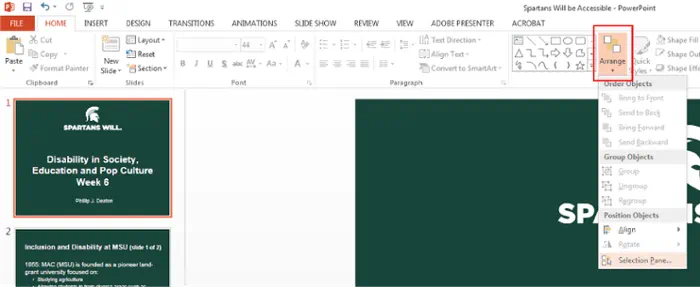 Top home ribbon in Microsoft power point. Under home tab. Arrange icon selected from Drawing section. Drop down menu with Selection Pane selected