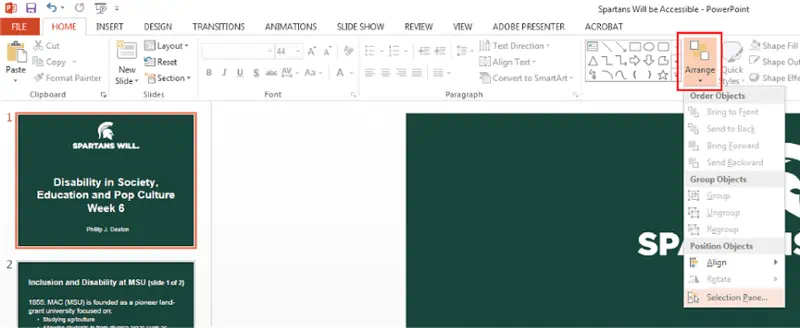 Top home ribbon in Microsoft power point. Home tab. Arrange icon selected. Drop down menu from Arrange with Selection Pane selected