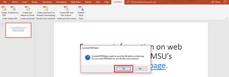 Acrobat PDF Maker window. Yes selected to save