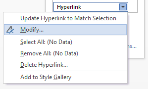 Modify option highlighted from Hyperlink drop down from the Styles section.