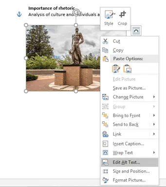 Drop down menu from right clicking on Sparty statue with the edit Alt text selected.