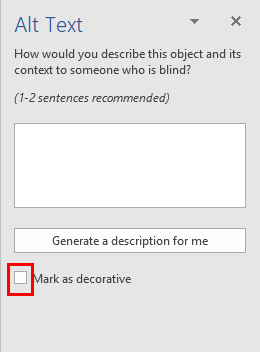 Mark as decorative check box highlighted in Alt text window.