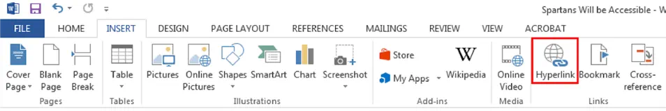 Top ribbon in Microsoft Word under insert tab. Hyperlink icon highlighted from Links section.