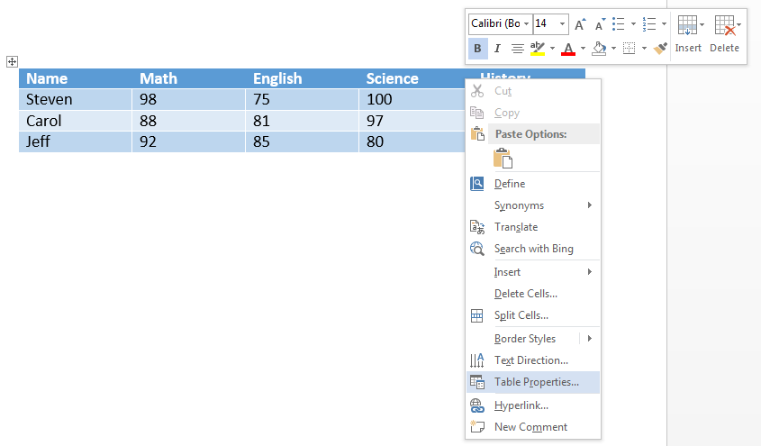 Drop down menu from right clicking on on table. Table properties selected.
