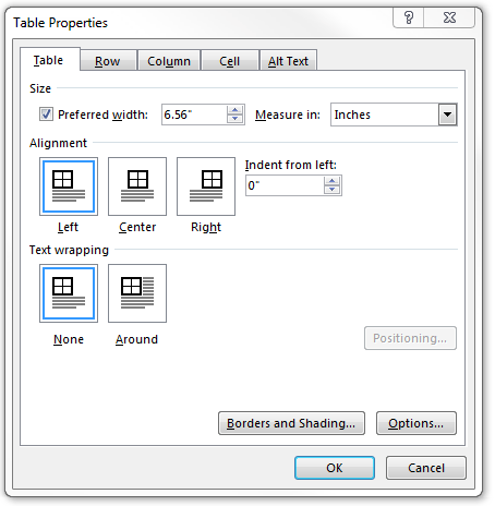 Table properties window. Table tab with Alignment set as Left and Text wrap as None.