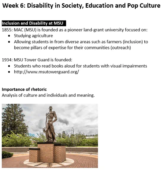 Microsoft Word document. Highlighted text displaying Inclusion and disability at MSU.