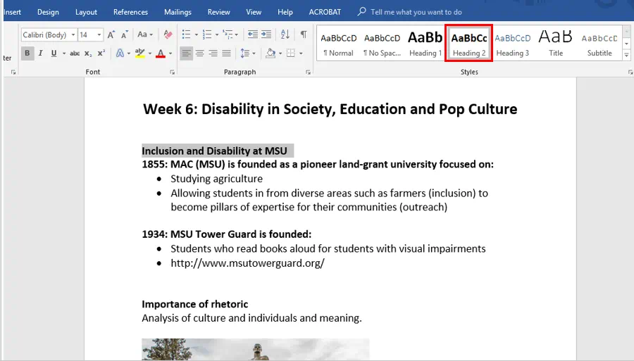 Top ribbon in Microsoft Word under home tab. Heading 2 option highlighted from Styles section.