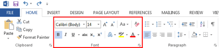 Top ribbon in Microsoft Word under home tab. Font section highlighted.