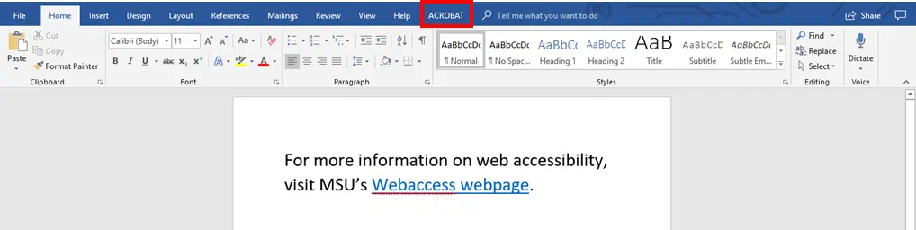 Top ribbon in Microsoft in Word. Acrobat highlighted.