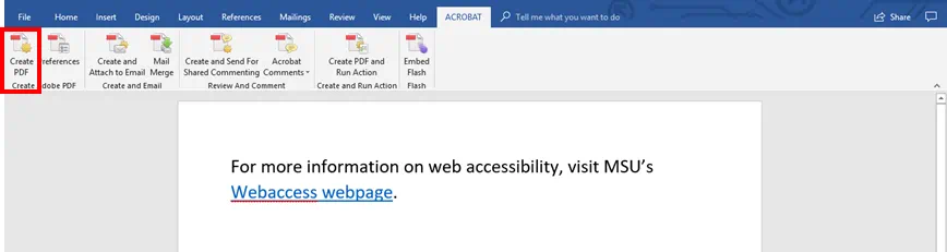 Top ribbon in Acrobat tab. Create PDF icon on left side highlighted.