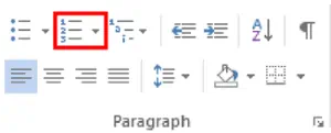 Top ribbon in Microsoft Word under home tab. Numbering option highlighted from Paragraph section.