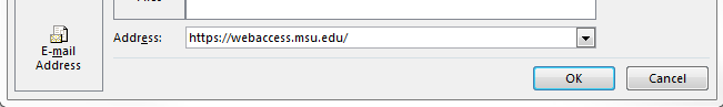 Insert hyperlink window. Address box with the example http//.www.webaccess.msu/edu.